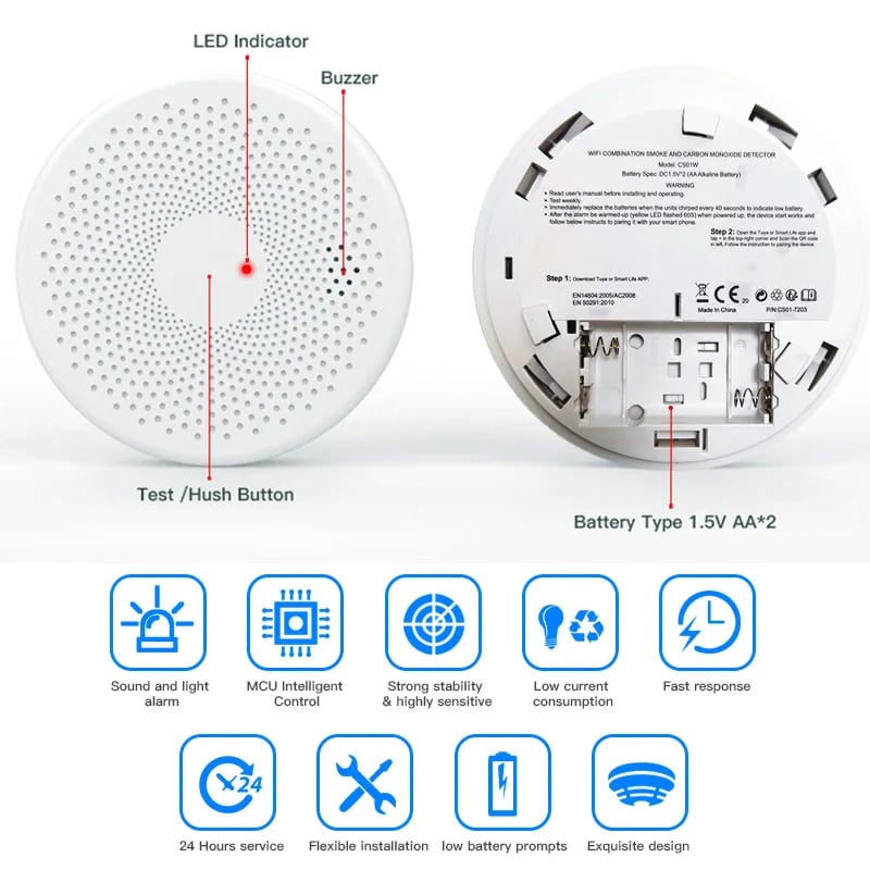 2 in 1 Version WiFi Tuya Smart Co & Smoke Detector